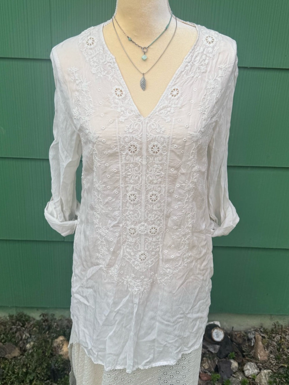 Johnny Was Long White Embroidered Sheer Tunic Top Blouse